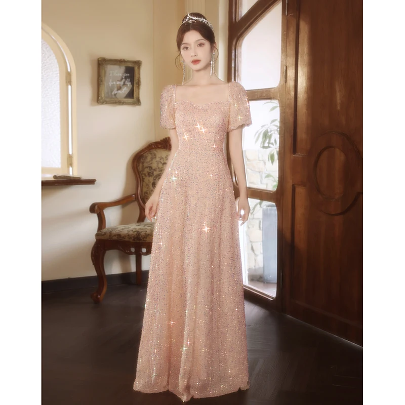 

Женское длинное обручальное платье, розовое элегантное платье-трапеция до пола с квадратным вырезом и блестками, модель 2023