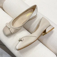 elegant ladis bow flats shoes upscale pearl beading dress shoes woman square toe silk ballet flats female wedding shoes size 43