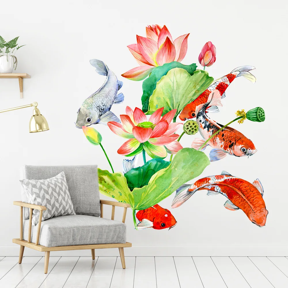 

2022 Лотос Карп китайские наклейки на стену для офиса кабинета гостиной спальни ТВ фон настенные украшения Водонепроницаемые принты настенное искусство