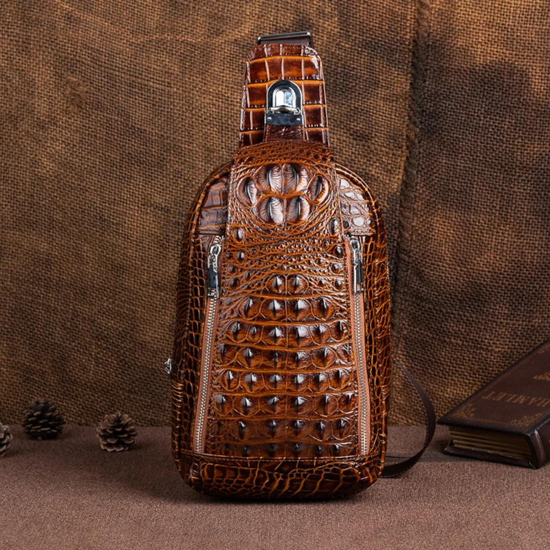 

Backpack Bags Side Pack Crocodile Genuine Chest Leather Cowhide Travel Shoulder Body Male Sling For Style Real Cross Bag Men