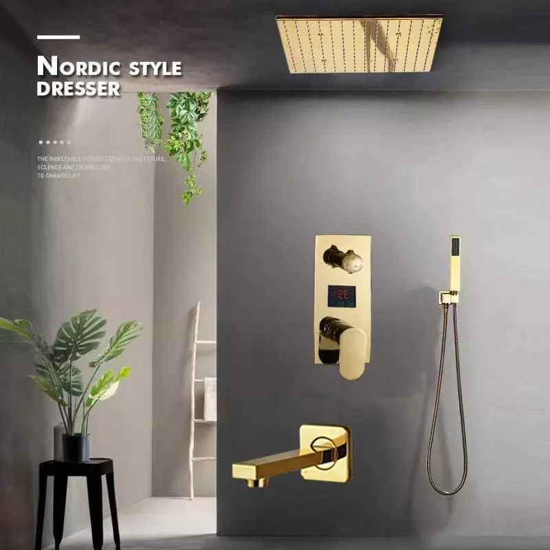 

Ceiling Mounted Rainfall 12” Gold Shower Faucet Single Lever Temperature Digital Display Concealed Shower Mixing Valve Tap