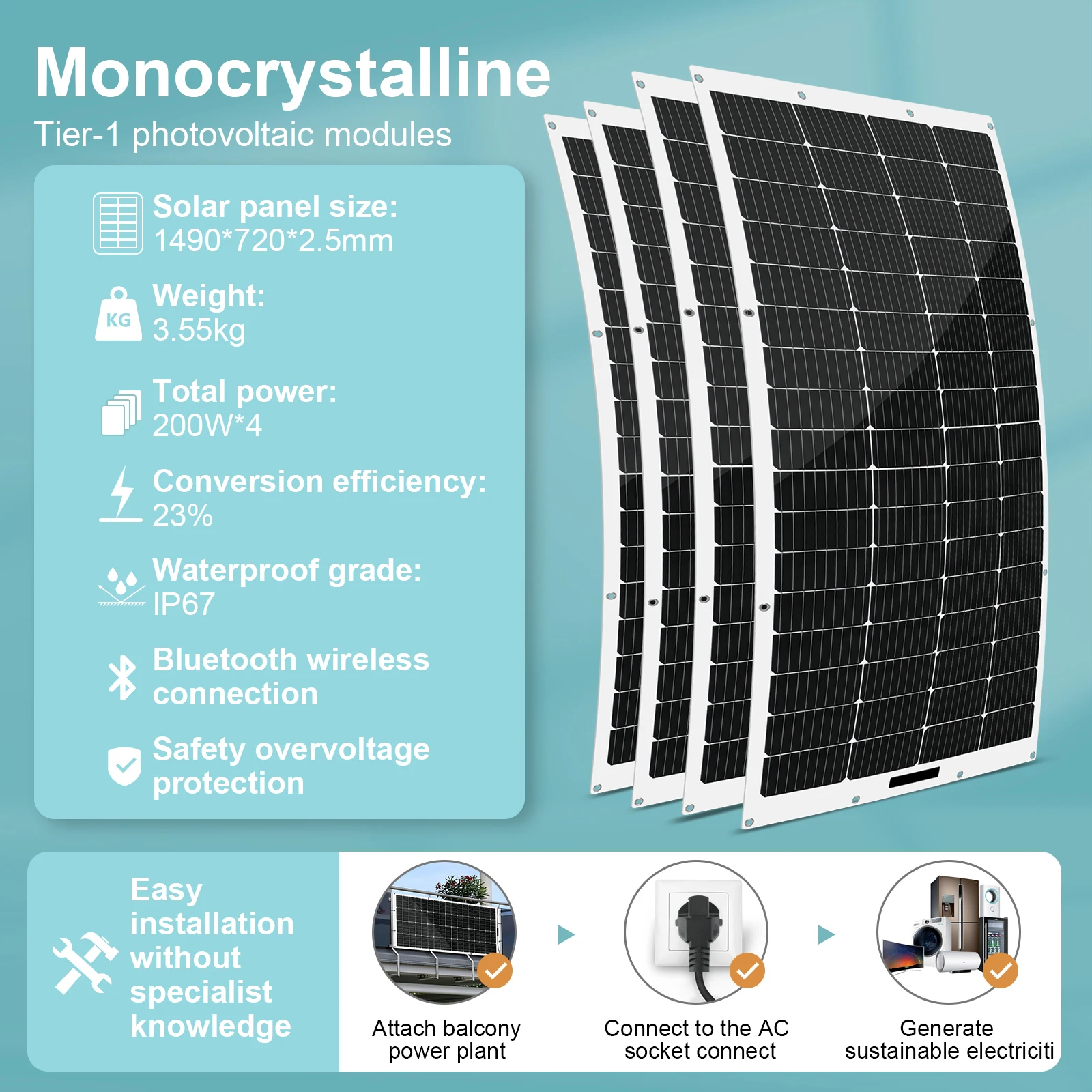 LANPWR 800 Вт электростанция для балкона с гибкими солнечными панелями 4x200 23%