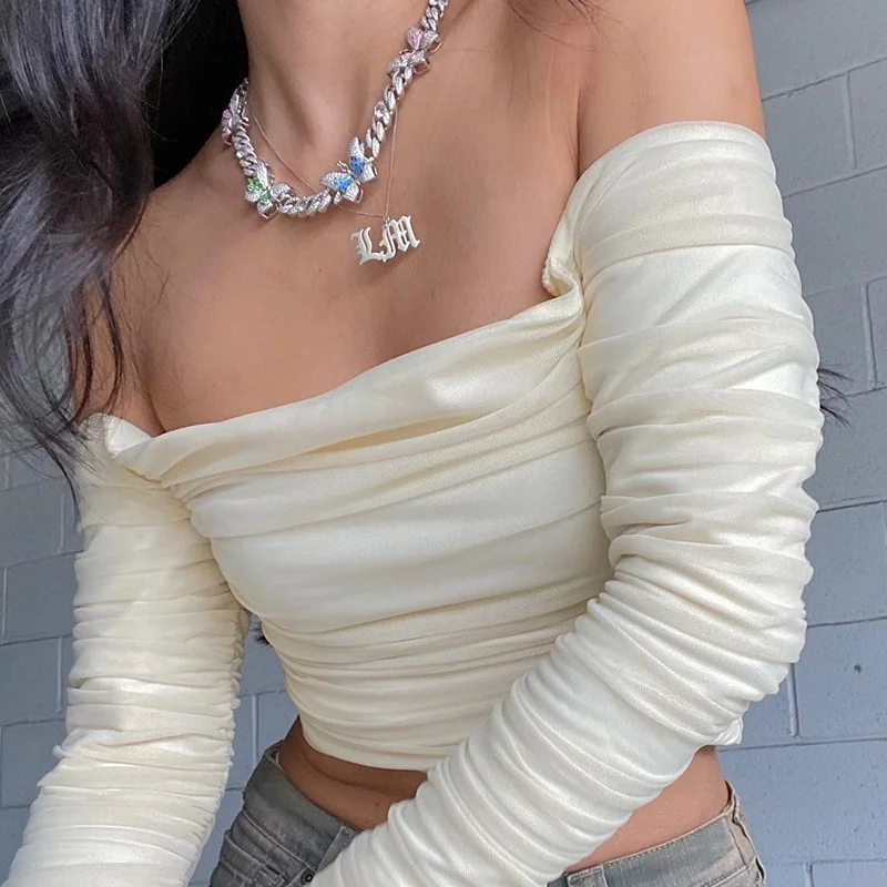 

Женская Винтажная футболка с открытыми плечами, Желтая Футболка с рукавами-фонариками и рюшами, весна-лето 2021