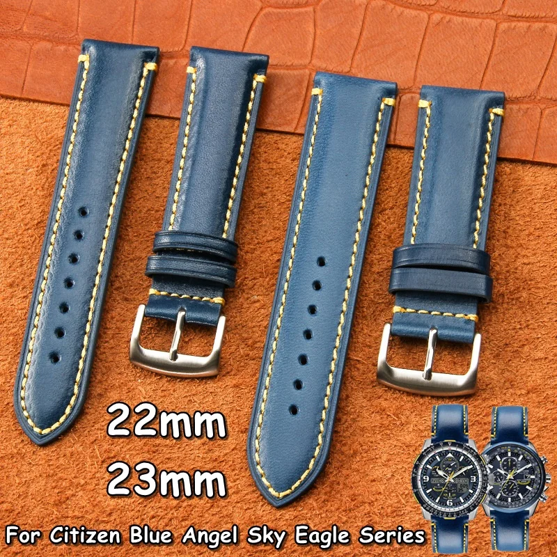 

For Citizen Air Eagle Blue Angel Generation AT8020 JY8078 JY8070 Series Men's Genuine Leather Watch Bracelet Cowhide 22mm 23mm