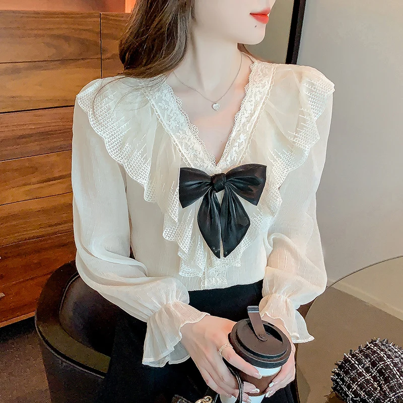 

Новая французская шифоновая блузка с V-образным вырезом и бантом, 55j,404-19