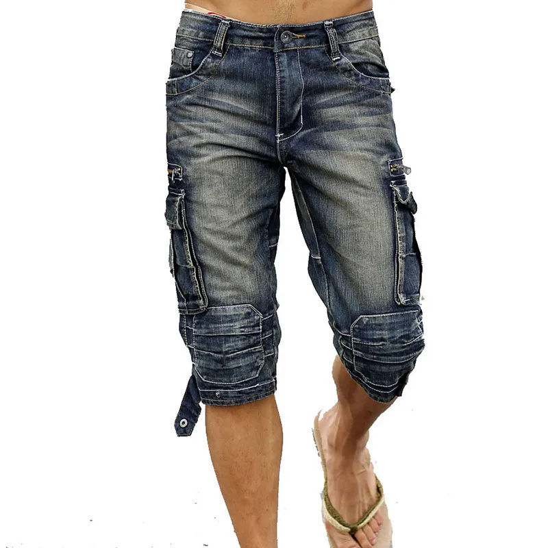 

MORUANCLE Mens Summer Vintage Cargo Denim Shorts Washed Retro Short Jeans With Multi Pockets Biker Shorts For Male Size 29-40