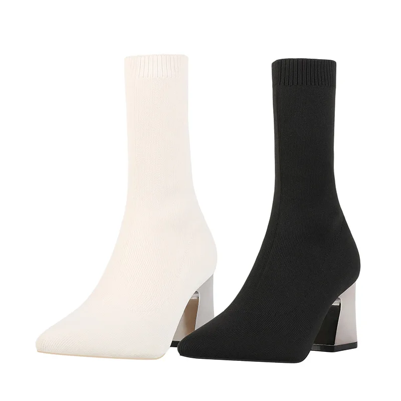 2022 Women Stretch Knitted Sock Boots fashion sexy High Heels black Ankle Boots Stripper Low Block Heel Lady Winter Chunky Shoes