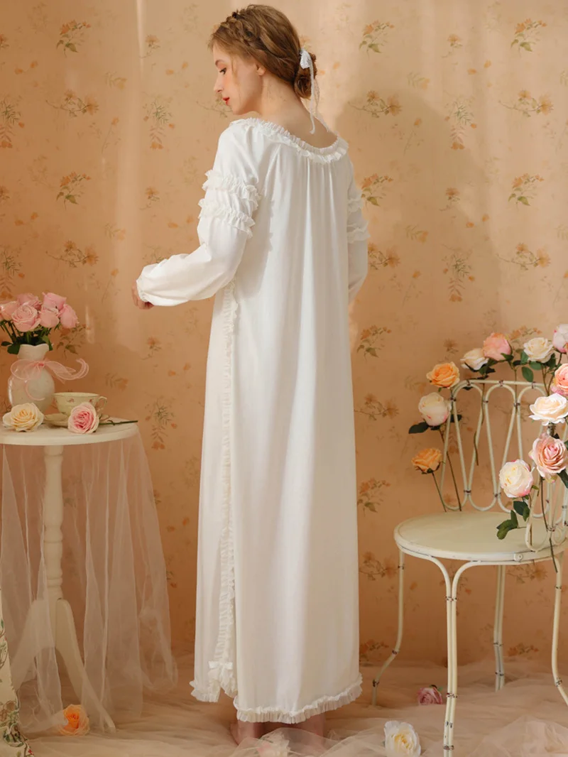 Women Fairy Night Dress Spring Cotton Ruffles Victorian Nightgowns Long Sleeve Sweet Princess Vintage Sleepwear with Chest Pad