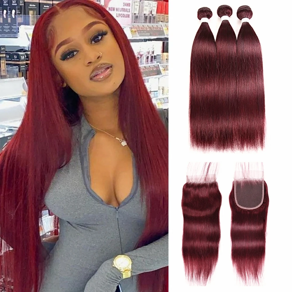 Luxediva Pre-Colored Straight Hair Bundles With 4x4 Lace Closure Remy Hair Red 99J #2 #4 Brown Color Peruvian Human Hair Weave