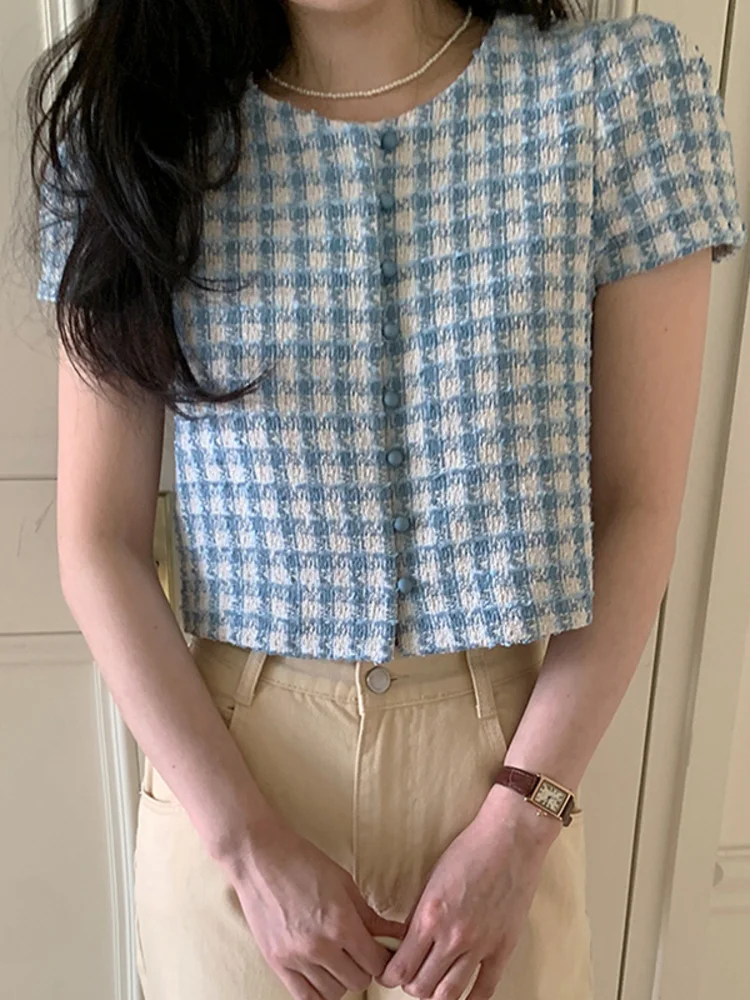 Женская клетчатая куртка контрастная твидовая однобортная Нежная короткая