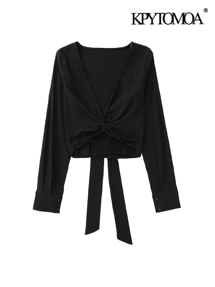 

KPYTOMOA Women Fashion With Tied Bow Cropped Linen Blouses Vinage V Neck Long Sleeve Female Shirts Blusas Chic Tops