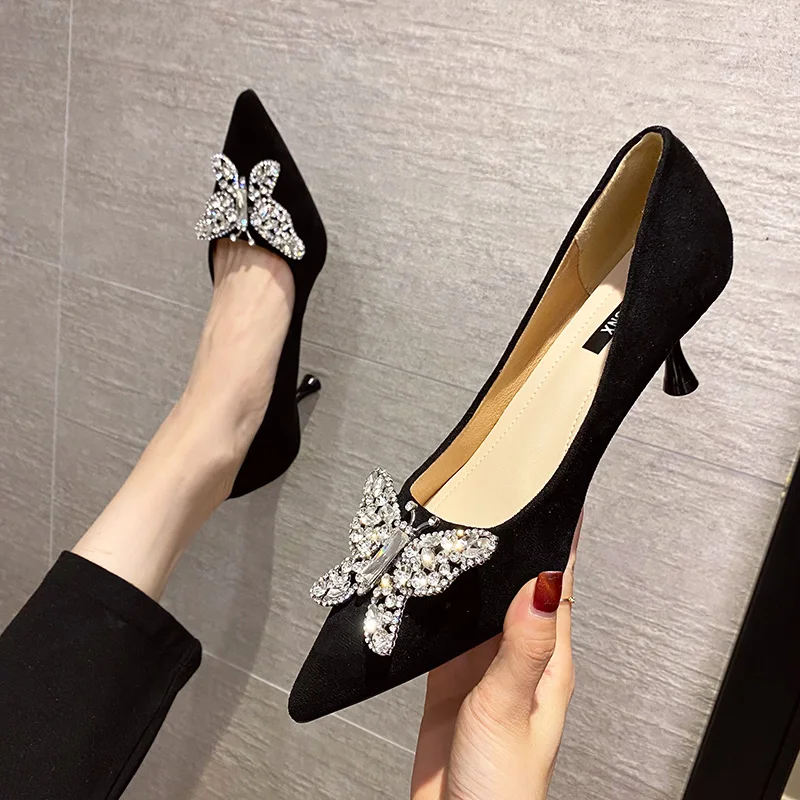 

Women's Single Shoes Sexy High Heels 2022 Fall Fashion Pointed Toe Rhinestone bow tie Shoes Black Beige Zapatillas Mujer