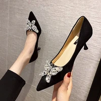 womens single shoes sexy high heels 2022 fall fashion pointed toe rhinestone bow tie shoes black beige zapatillas mujer