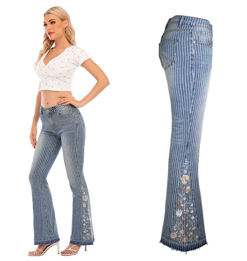 Flared Jeans Women Heavy Industry Embroidery Women's Jeans Trousers Striped Flared Pants