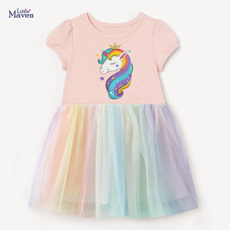 

Летняя одежда для маленьких девочек Little maven 2022, милое платье в виде единорога, хлопковое искусственное платье для детей