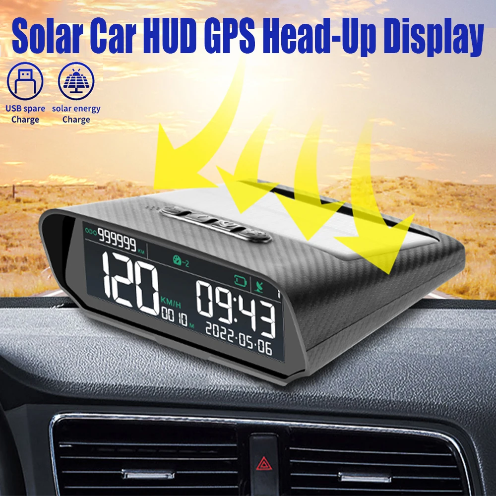 

Solar Car Wireless HUD Display Digital GPS Head-Up Speedometer Over-speed Alarm Fatigue Driving Alert Altitude Mileage Display