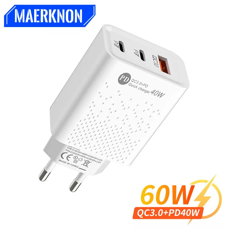 

60W PD USB Charger Quick Charge 3.0 For iPhone Samsung Xiaomi 12 Huawei 3 Ports Fast Wall Adapter Mobile Phone Type C Chargers