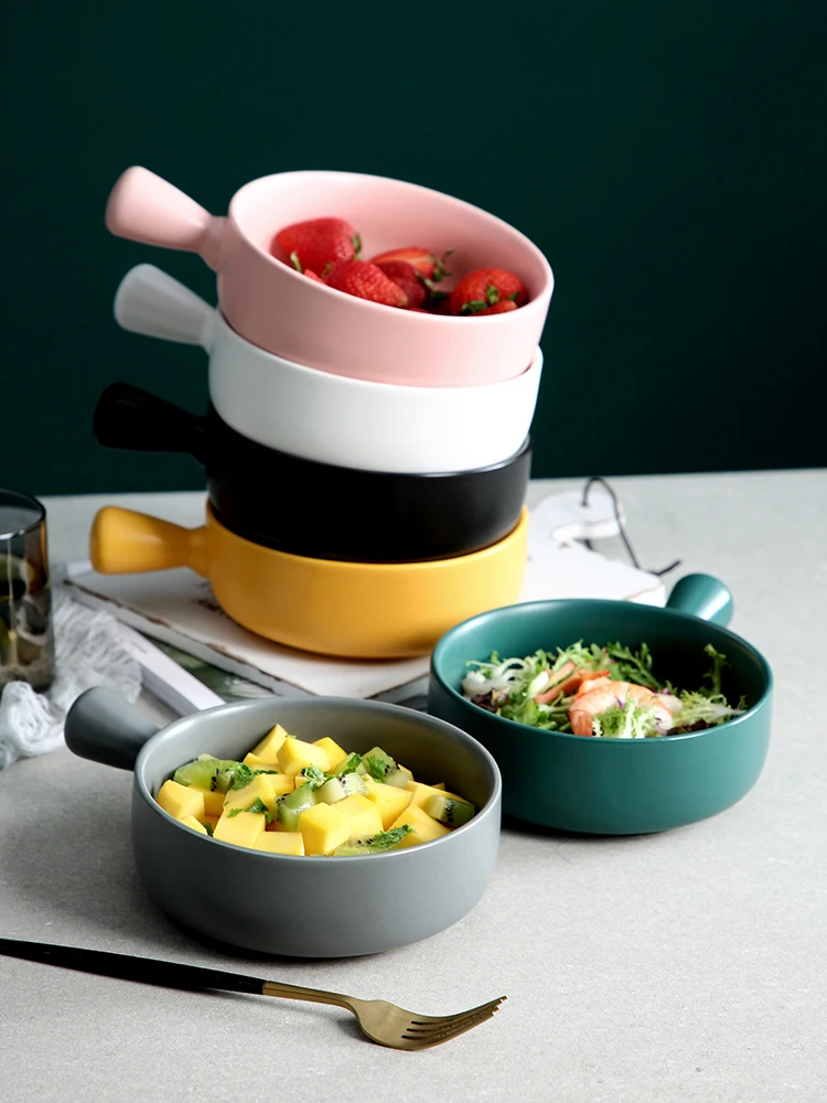 

Nordic Ceramic Instant Noodle Bowl With Handle Breakfast Rice Baking Bowl Dessert Soup Fruit Salad Bowl Microwave Oven Special