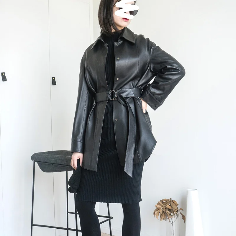 2022 Spring Fashion Women's Leather Dress Temperament Genuine Leather Mid Long Belt Lapel Leather Shirt Sheepskin Coat