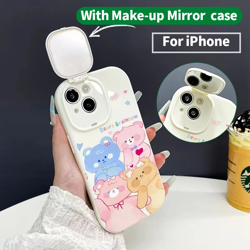 

With Make-up Mirror Cover for IPhone 14 13 12 11PRO MAX Cute Bears Apple XR XSMAX FallProof Phone Case 8 7PLUS Protective Shell