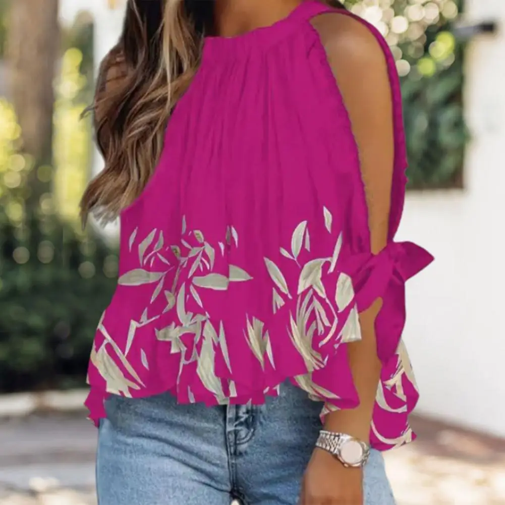 

Pretty Hollow Out Leaf Pattern Summer Blouse Women Tops Flounced Edge Leaf Print