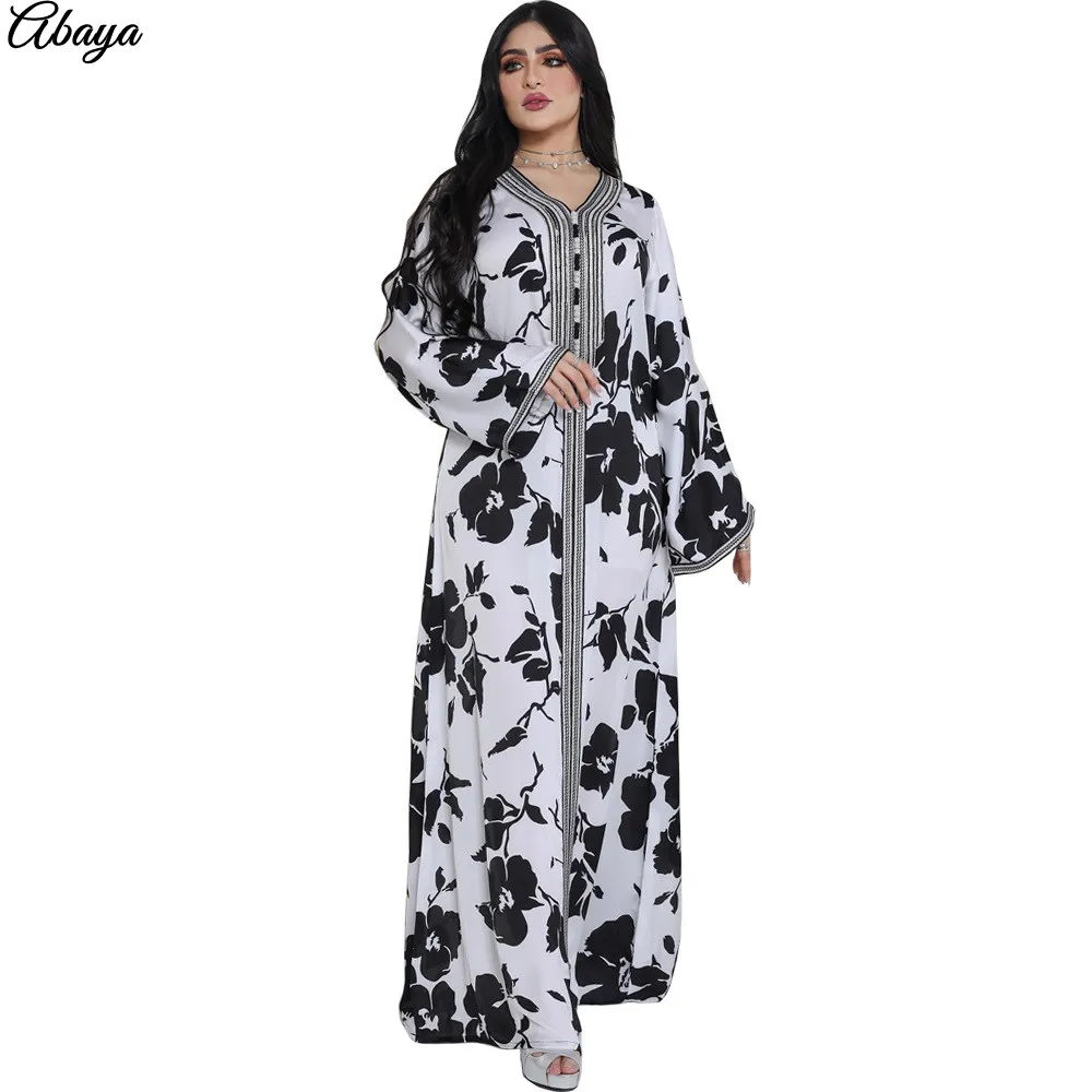 

Black White Printing Dubai Abaya Woman Jalabia Knitting Lace Patchwork Arabic Robes Long Sleeves Donna Musulmana Moda Vestidos