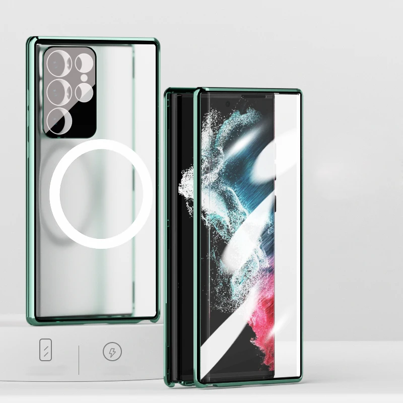 Magnetic Wireless Charging Case For Samsung Galaxy S22 Ultra S22 Plus Double Sided Glass Metal Bumper Phone Cover Coque