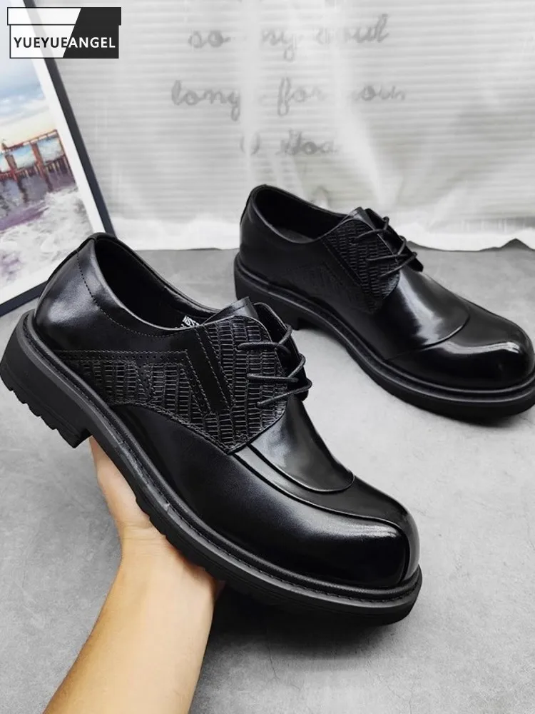 

Туфли мужские деловые на шнуровке, натуральная кожа, круглый носок, винтажные, на толстой платформе, классические, офисные туфли из воловьей кожи