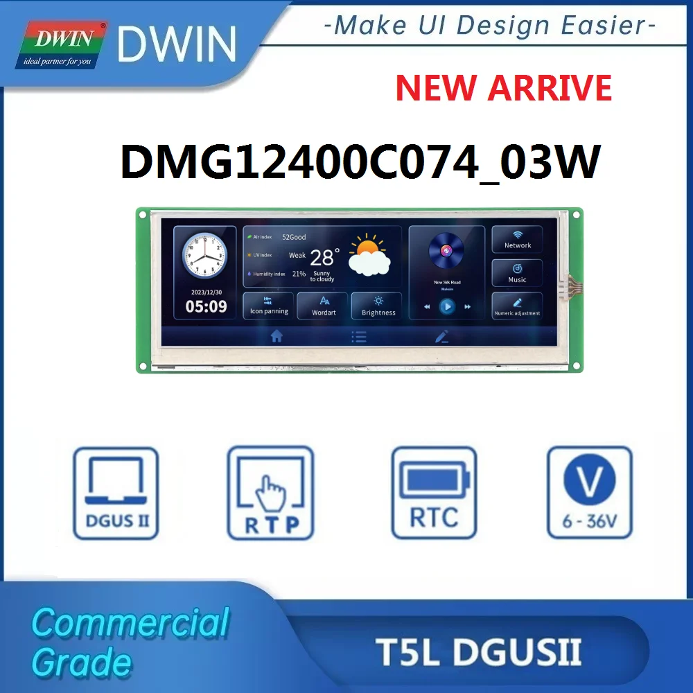 DWIN NEW HMI Display DGUSII 7.4Inch, 1280*400 Resolution 16.7M Colors IPS-TFT-LCD Smart Home Commercial Grade DMG12400C074_03W