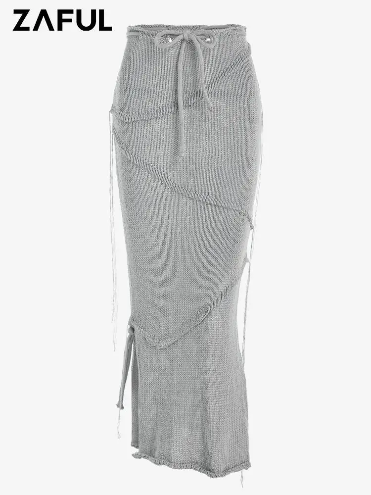 

ZAFUL Skirts For Women Y2K Sexy Streetwear Straight Tie Waist Beachwear Solid Color Side Slit Knit Tie Front Straight Skirt