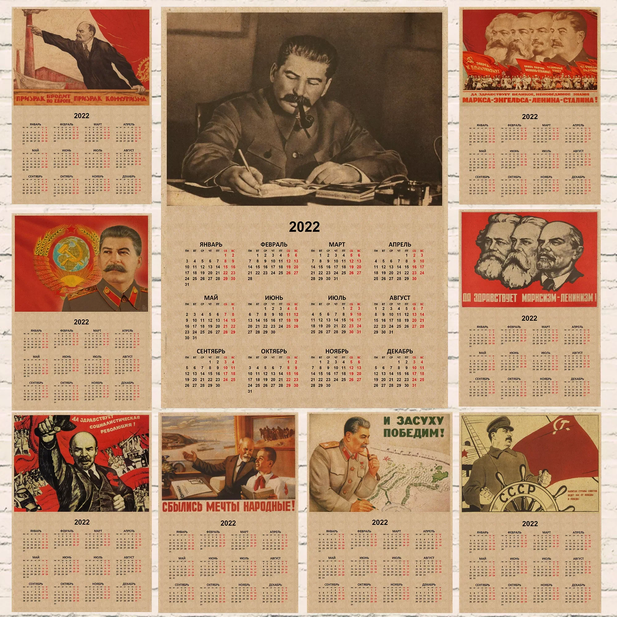 

Russian Version Kraft Paper Posters of The Soviet Union CCCP USSR President Stalin Marx Lenin 2022 Calendar Sticker Home Decor