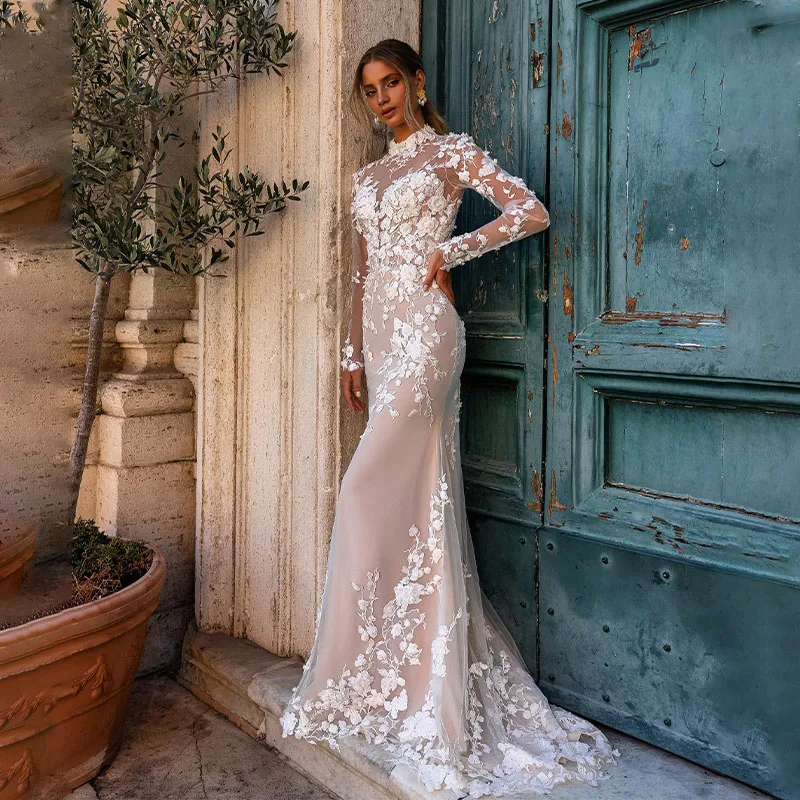 

Роскошные кружевные свадебные платья с юбкой-годе, Тюлевая аппликация, длинные рукава с пуговицами, женское платье