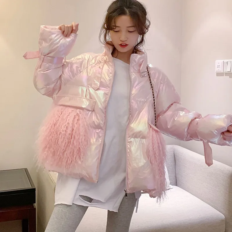 

Women's Winter Silver Down Cotton Jacket Glossy 2021 Golden Big Fur Collar Thick Shiny Parka Long Pink Blue Warm Oversize Parkas