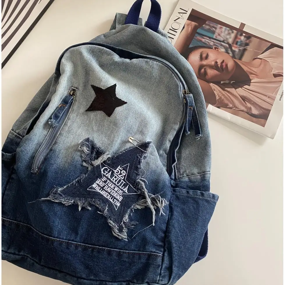 Y2K Korean Vintage Casual Denim Book Bag Cowboy Backpack Student Bags Schoolbag Kids Travel Girls Ladies Backpacks For Women