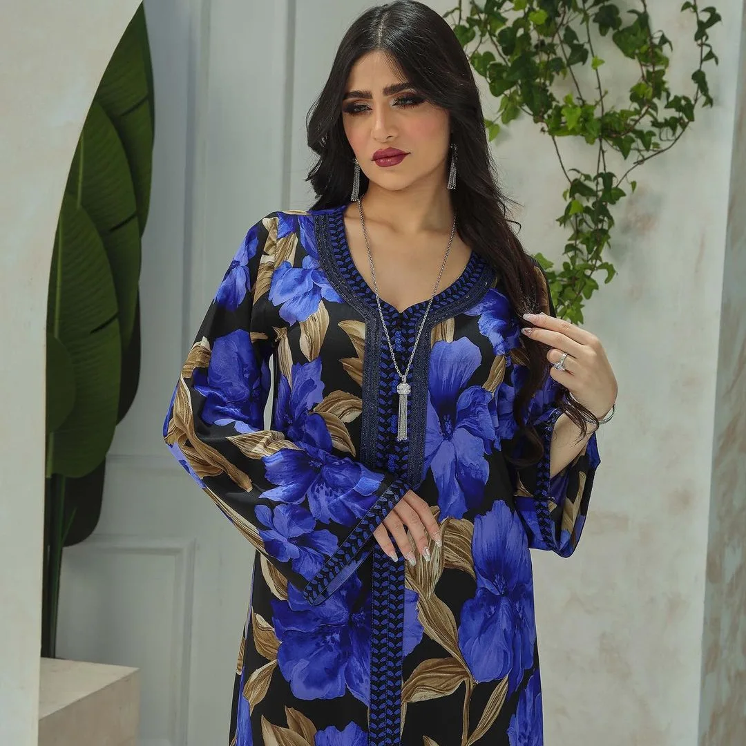 Muslim Clothing Islamic Women Turkey Dubai Abaya Dress Long Sleeve Blue Flower Print Rhinestone Moroccan Loose Fashion Kaftan