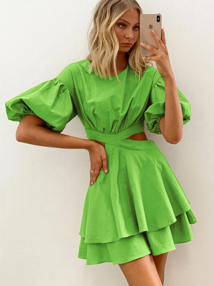 

KBAT 2022 Pink Hollow Out Sexy Dress Women Cotton Lace-Up Puff Sleeve Mini Dresses Summer V-Neck Pockets Slim Casual Dress