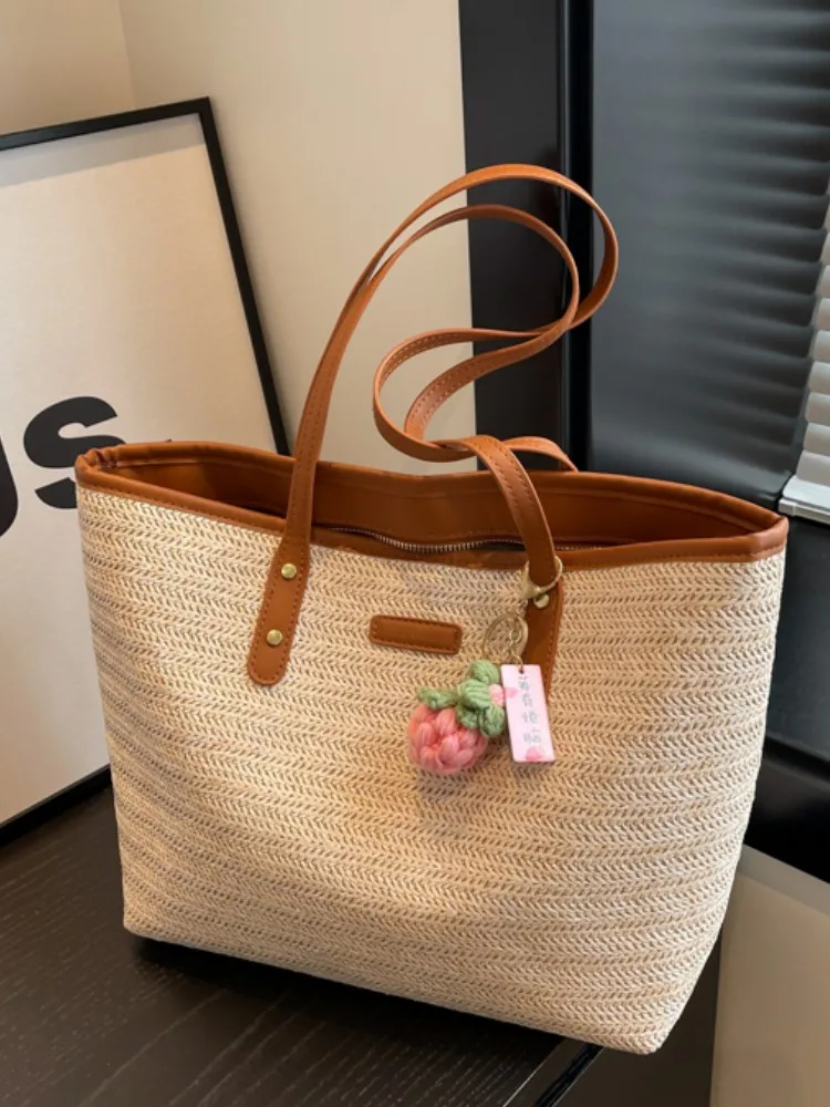 

Вместительная плетеная Повседневная сумка через плечо из соломы, модная летняя роскошная дизайнерская женская сумка-тоут, универсальные пляжные дорожные сумки