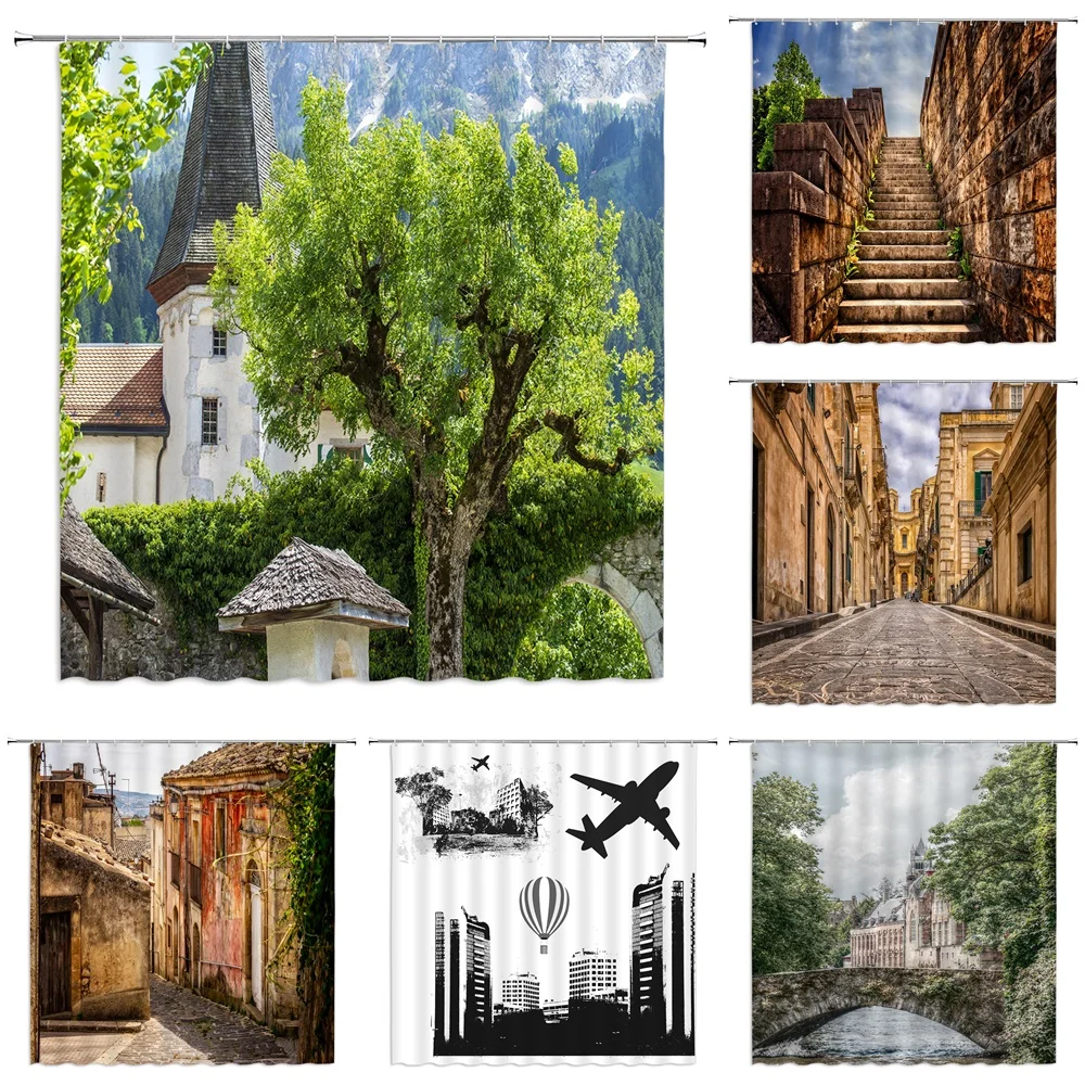 

City Landscape Shower Curtain Set Waterproof Fabric Modern Street Bathroom Curtain with Hook Pad Bathroom Supplies Bath Curtain