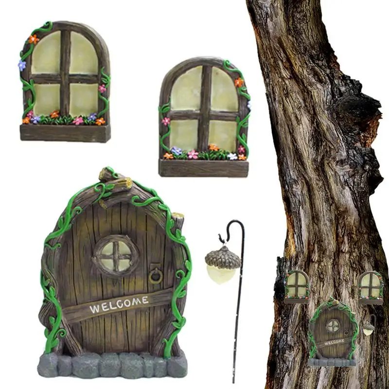 

Fairy Tree Door And Windows Glow In The Dark Yard Art Sculpture Decoration For Kids Room Wall And Trees Outdoor Miniature Fairy