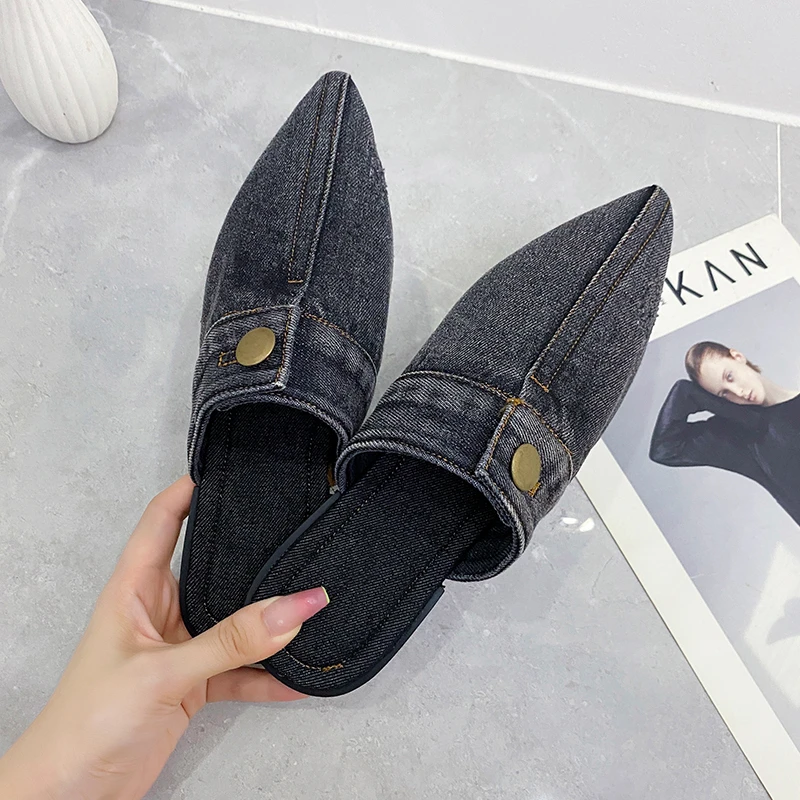 

Синие джинсовые шлепанцы с острым носком, уличные шлепанцы, удобные мюли на плоской подошве, простые женские шлепанцы, женские шлепанцы