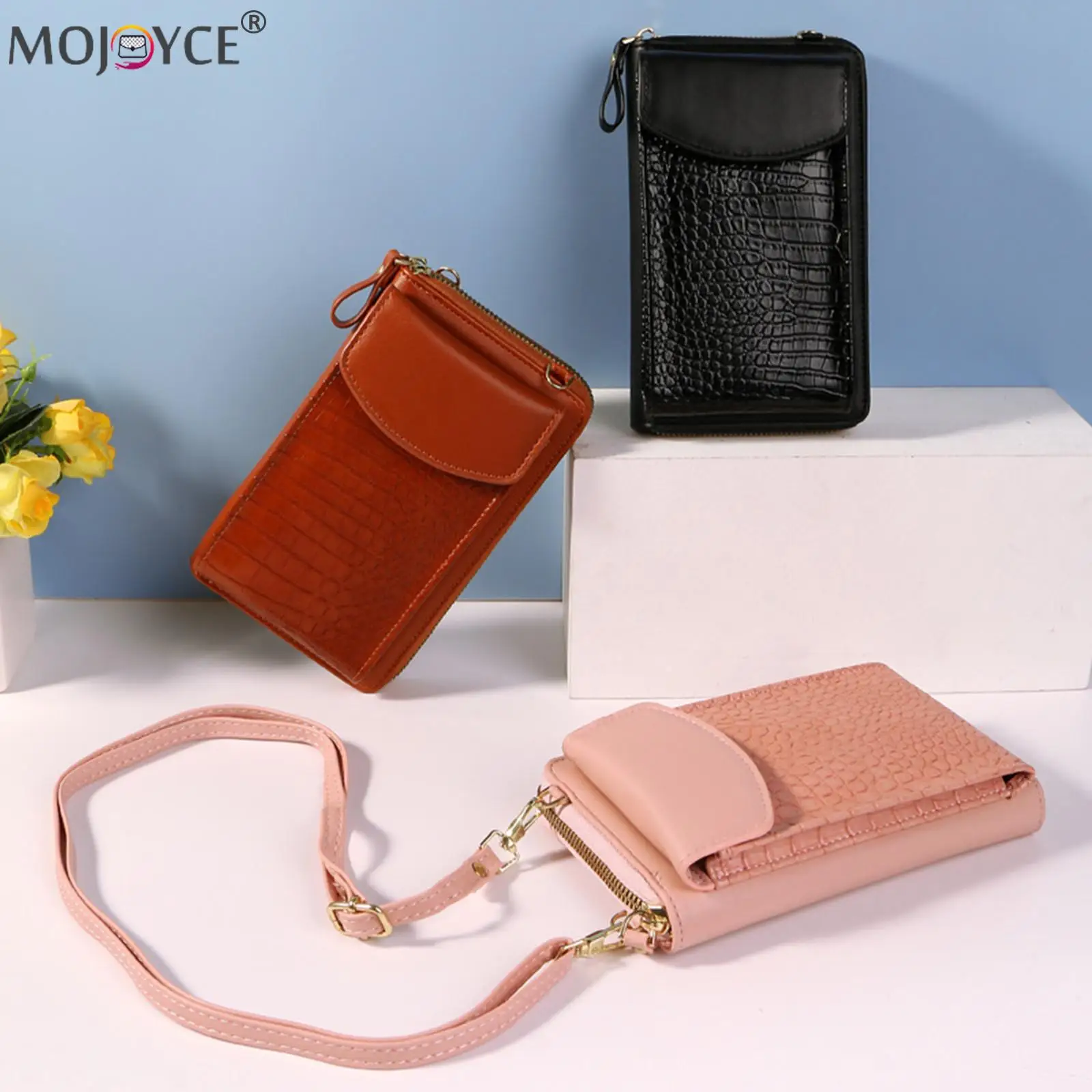 

Модная однотонная сумка через плечо для идентификационных карт, Женская Портативная сумка из искусственной кожи с крокодиловым узором, дор...