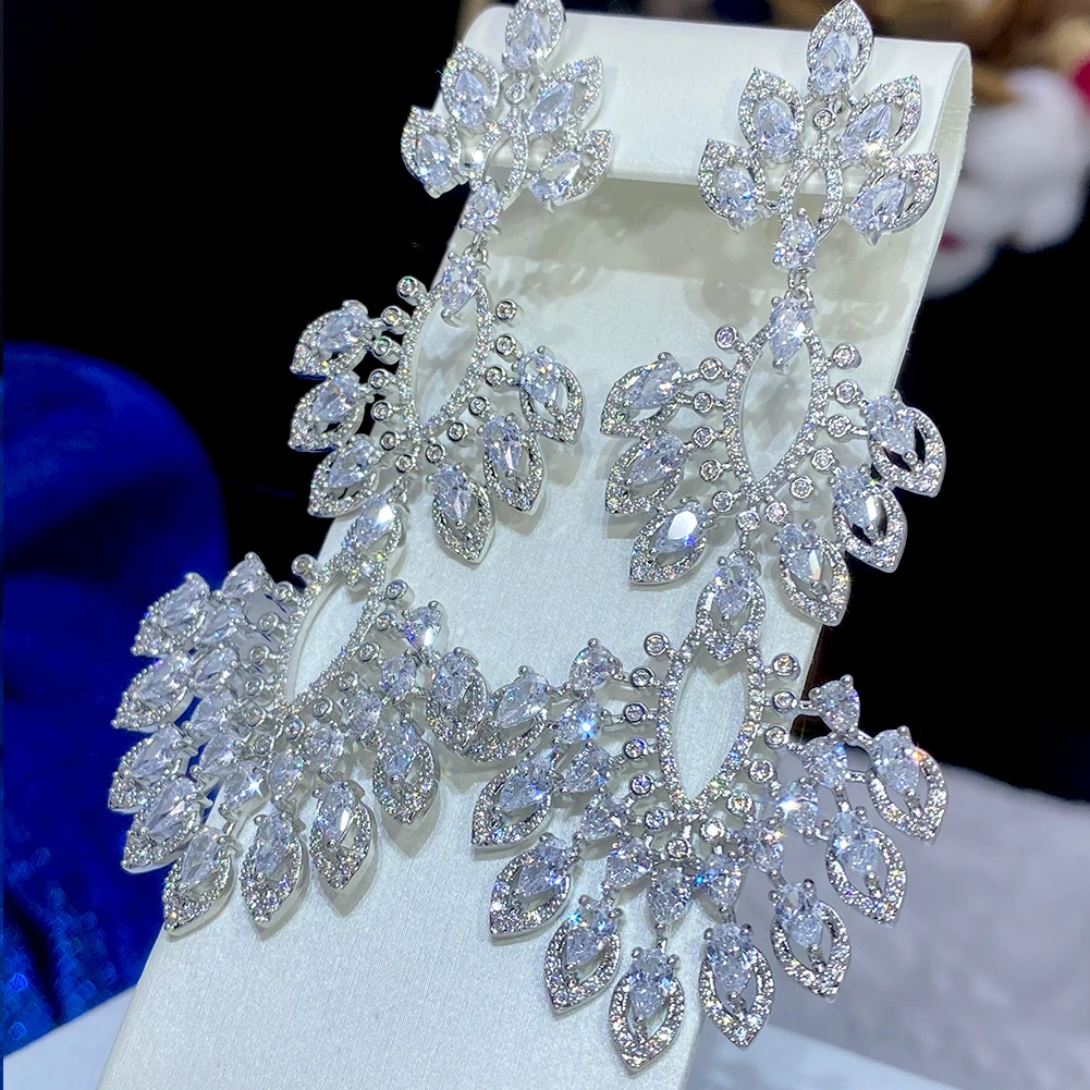 ASNORA Luxury Long Pendant Feather Earrings For Women Wedding Cubic Zirconia CZ DUBAI Bridal Earrings Boucle D'oreille Femme