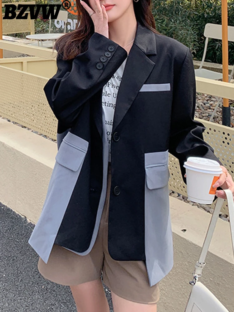 

BZVW Spliced Designer Blazer For Women Big Pocket Contrast Color Design Loose Casual Suit Coat Female 2023 New Clothes 25X01603