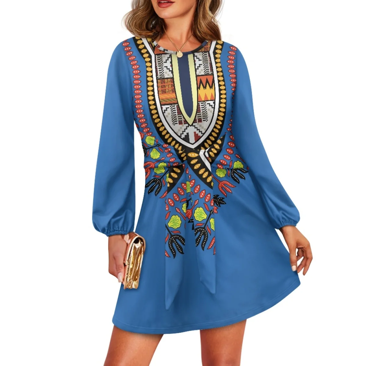 Женское платье с круглым вырезом и рукавами-трубой полинезийское женское