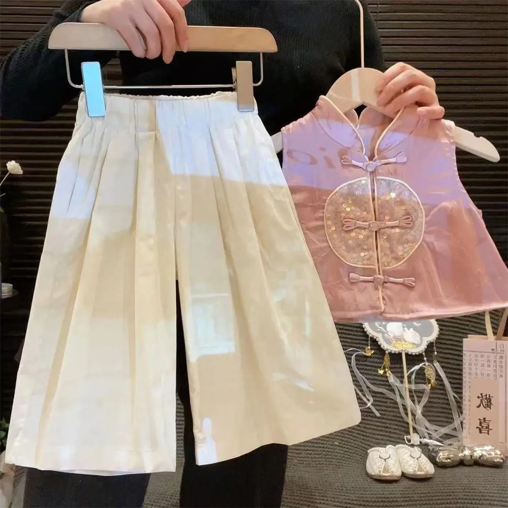 Блузка с вышивкой и брюки широкими штанинами для девочек Новинка лета 2024