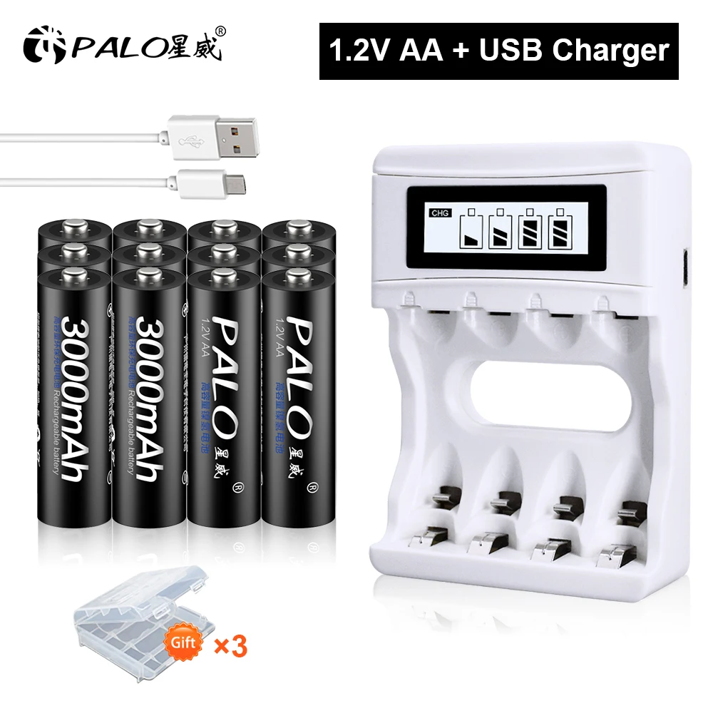 palo 1 2v aa rechargeable batteries 3000mah ni mh aa rechargeble battery with lcd display smart battery charger for toy car free global shipping