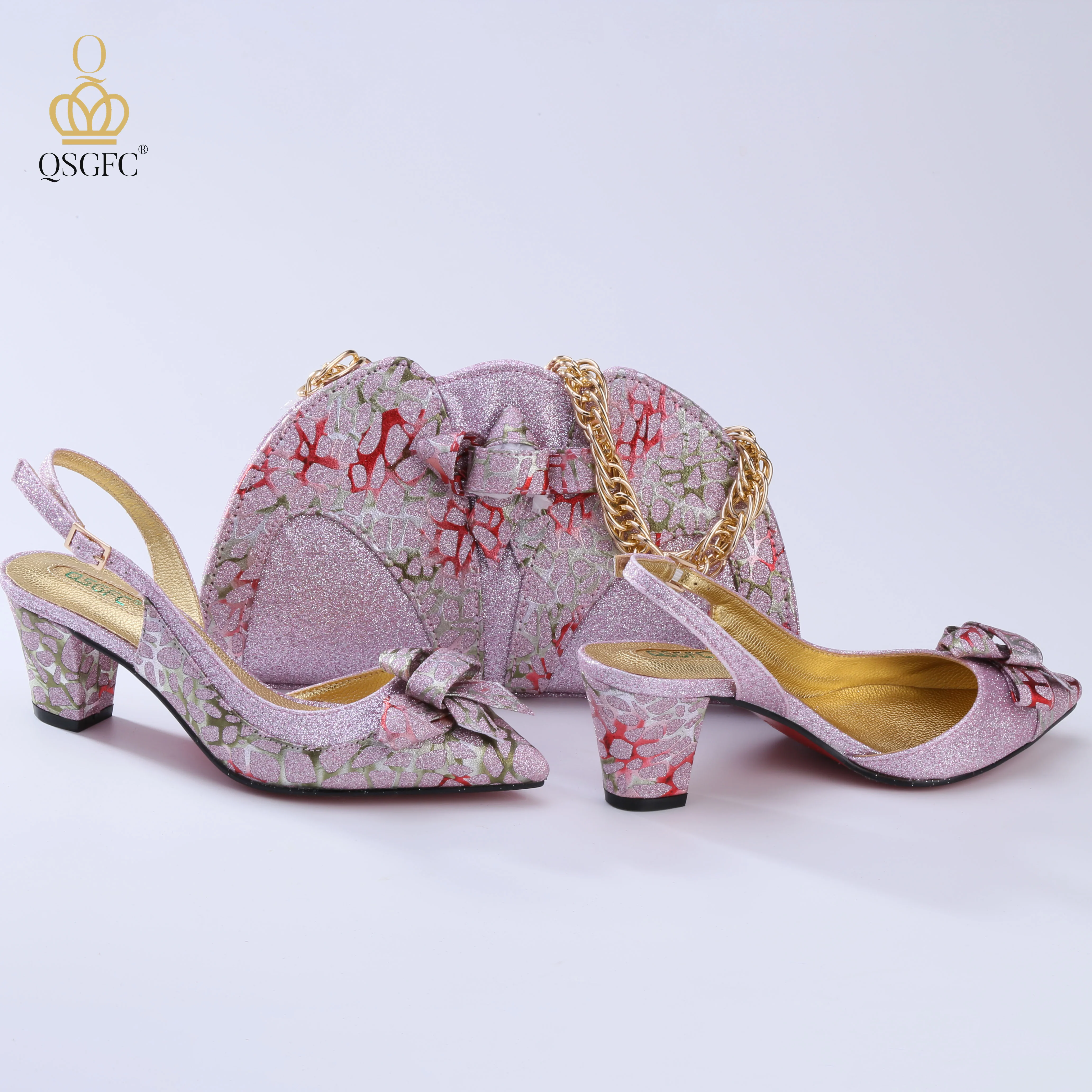 

QSGFC African New Coming Fashion Synthetic Flash Material Style Sweet Pink Color Party Wedding Ladies Shoes and Bag Set