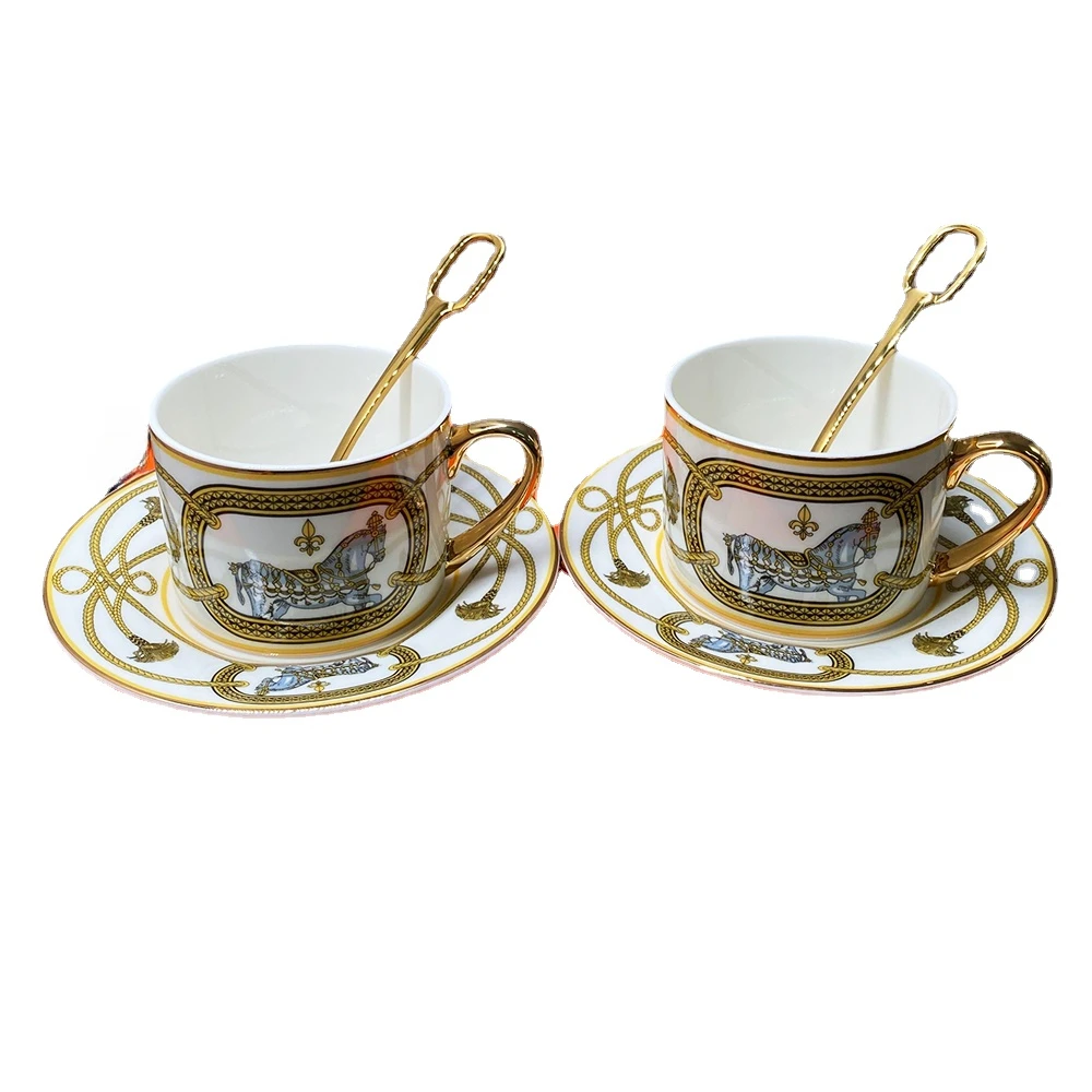 

Golden Horse Cups and Saucers Set of 2 Fine Bone China Coffee Cups Golden Handle Royal Porcelain Tea Party Set Espresso Mugs
