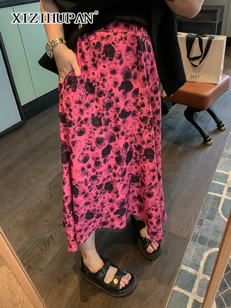 

XIZIHUPAN Vintage Colorblock Print Skirt For Women High Waist Patchwork Folds Korean Fashion Midi Skirts Female 2022 Spring New