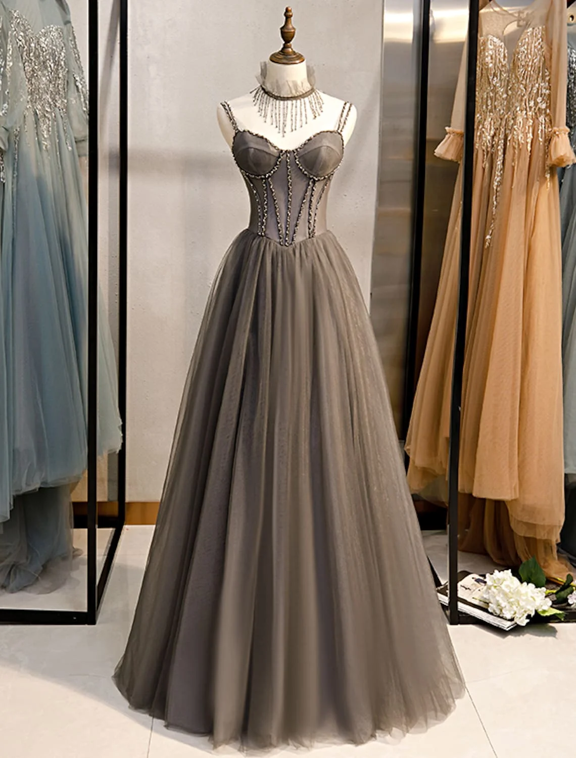 

A-Line Prom Evening Party Dresses Sexy Formal Floor Length Sleeveless Spaghetti Strap Tulle with Pleats Crystals فساتين مناسبة ر
